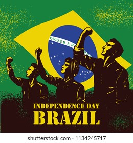 Independence Day Of Brazil Banner, Illustration Of People Raising Fists On Flag Of Brazil As A Background.