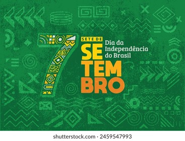 Independence Day of Brazil poster, background, flyer, and social media post with hand-drawn geometric shape grunge texture. Sete de Setembro, Dia da Independência do Brasil. Green background.