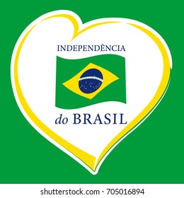 Independence day of Brazil vector yellow heart and national flag on green background. Love Brazil Independence day emblem colored