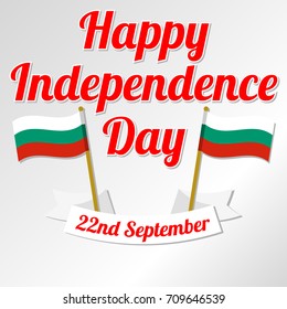 Independence Day in Bulgaria. Vector illustration with ribbon, inscription and flags of Bulgaria on a light gray background. Template for greeting poster, card.