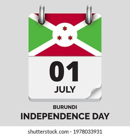 Independence Day, Burundi - july 1, days of year, flat realistic calendar icon Independence Day vector image with Burundi flag