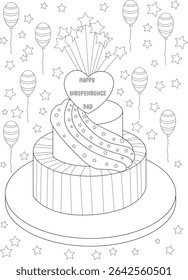 Independence Day Cake Coloring Page, Line art illustration of a festive cake decorated with a heart saying Happy Independence Day, stars, and balloons, perfect for coloring pages or holiday crafts.