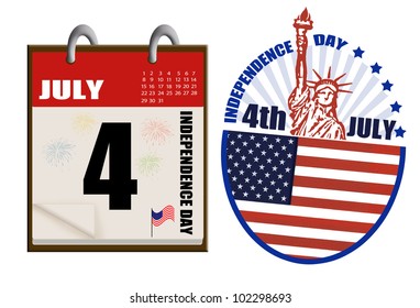 Independence day calendar icon and label on white, vector illustration