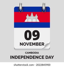 Independence Day, Cambodia -November 9, days of year flat realistic calendar icon Independence Day vector image with Cambodia flag