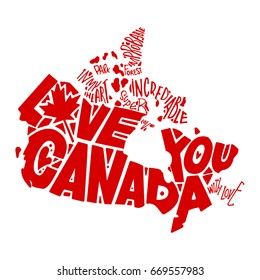 Independence Day of Canada. Love you Canada. Handsome hand-painted. Words are inscribed in the silhouette of the country Canada. Red on a white background.