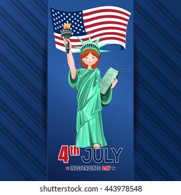 Independence Day card. 4 of July. Independence Day design with cute girl dressed as the Statue of Liberty, USA waving flag and greeting inscription on elegant blue background. Vector illustration