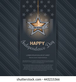 Independence Day card. 4th of July. Gold star and greeting inscription on the background of the USA flag. Happy Independence Day. Vector illustration