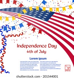 Independence Day card with American flag, confetti and streamers