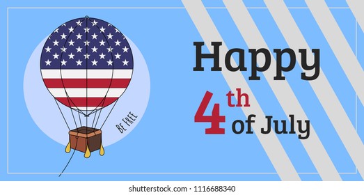Independence day card with color USA hot air balloon on blue background with white stripes