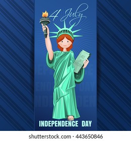 Independence Day card. Fourth of July. Independence Day design with cute girl dressed as the Statue of Liberty and greeting lettering on elegant blue background. Vector illustration