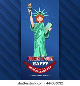 Independence Day card. Fourth of July. Independence Day design with cute girl dressed as the Statue of Liberty and greeting inscription - Happy Independence Day. Vector illustration