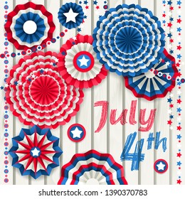 Independence Day card with paper pinwheels for wall hanging decoration, red, blue and white.