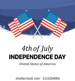 Independence Day card with two American Flags. Flat vector patriotic Fourth of July illustration card