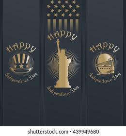 Independence Day card. Uncle Sam Hat, Statue of Liberty, Stars and Stripes US flag, bottle of beer, barbecue (BBQ).  Gold lettering on a gray background - Happy Independence Day