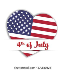 Independence Day Card. US flag in a shape of heart in the paper pocket with label 4th of July. Patriotic USA independence theme. Vector illustration.