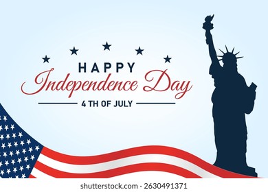 Independence Day card – USA flag with abstract patriotic frame, silhouette of Statue of Liberty, stars and 4th July text on light background