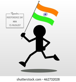 Independence day cartoon illustration black stick man hold flag of India