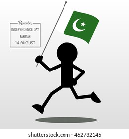Independence day cartoon illustration black stick man hold flag of Pakistan