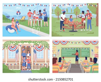 Celebración del Día de la Independencia en Estados Unidos conjunto de ilustraciones vectoriales de color plano. Festividad patriótica y personajes de dibujos animados sencillos en 2D con paisaje, interior y exterior sobre fondo