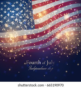 Independence day celebration background with golden fireworks and American flag. Vector festive template for greeting banners and posters for July 4th. File contains clipping mask.