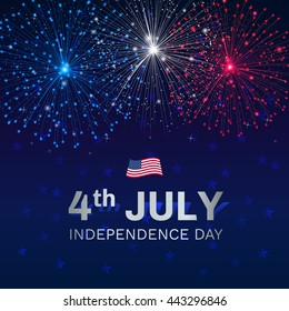 Independence day celebration background with the tricolor fireworks and American flag. A template background for greeting cards and posters for July 4th. File contains clipping mask.