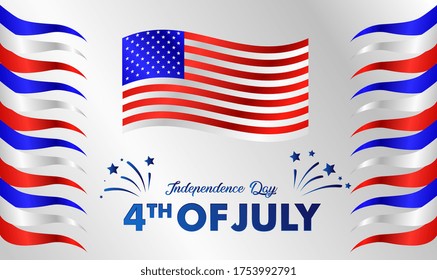 Independence day celebration banners set. 4th of july  greeting cards with waving american national flag on blue background. USA country federal patriotic holiday. Vector illustration