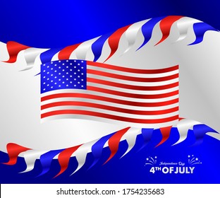 Independence day celebration banners set. 4th of july felicitation greeting cards with waving american national flag on blue background. USA country federal patriotic holiday. Vector illustration