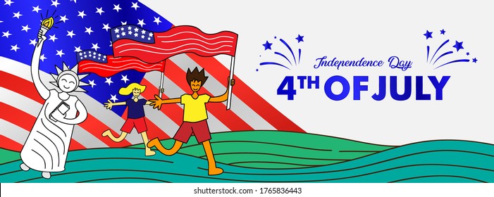 Independence day celebration banners set. 4th of july felicitation greeting cards with waving american national flag on blue background. USA country federal patriotic holiday. Vector illustration