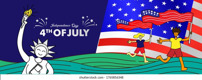 Independence day celebration banners set. 4th of july felicitation greeting cards with waving american national flag on blue background. USA country federal patriotic holiday. Vector illustration