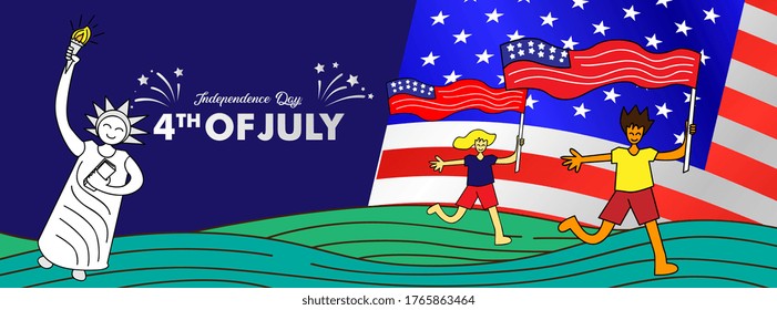 Independence day celebration banners set. 4th of july felicitation greeting cards with waving american national flag on blue background. USA country federal patriotic holiday. Vector illustration