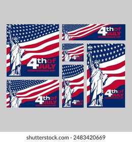 Independence day celebration banners set. 4th of july felicitation greeting cards with Liberty Statue Silhouette and waving american national flag on blue background. Vector illustration