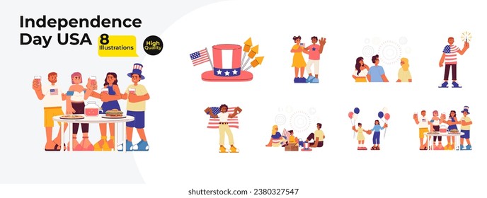 Independence day celebration cartoon flat illustration bundle. Festive fireworks kids with parents, friends 2D characters isolated on white background. Snacks party vector color image collection