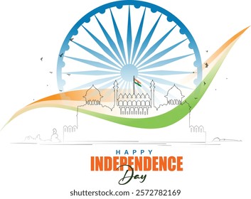 Independence Day celebration creative banner design with wheel and tricolor, lal qila line art