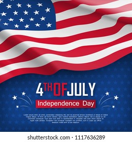 Independence day celebration. Fourth of July felicitation greeting card. Waving american national flag on blue background. United States of America federal patriotic holiday. Vector illustration