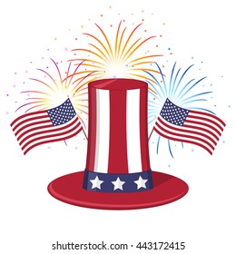 Independence day celebration with hat, flag and firework