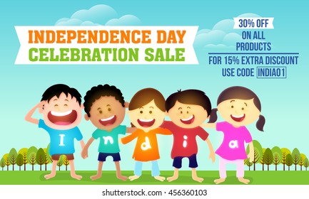 Independence Day celebration Sale and Discount, Beautiful Sale Background with cute kids wearing t-shirts making word India, Can be used as Poster, Banner or Flyer design.