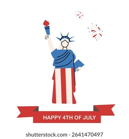 Independence day celebration with statue of liberty and fireworks design.