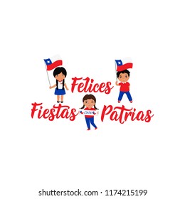 Independence Day of Chile greeting card. text in spanish: Happy Independence Day, graphic design to the Chile holiday, kids icon, children logo. Felices Fiestas Patrias