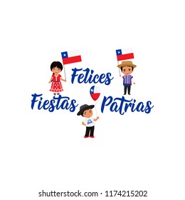 Independence Day of Chile greeting card. text in spanish: Happy Independence Day, graphic design to the Chile holiday, kids icon, children logo. Felices Fiestas Patrias