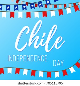 Independence Day in Chile. Vector illustration with inscription and garlands with flags on a blue background