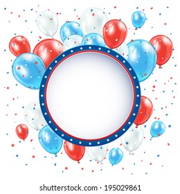 Independence day circle background with balloons and confetti, illustration.