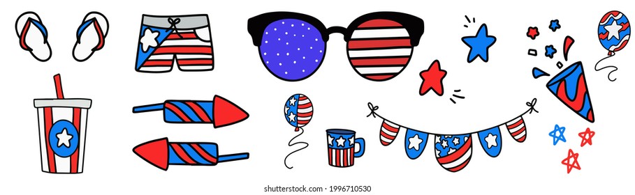 Independence day collection in doodle. 4th of July in sketch. American cartoon icons. Party flags in doodle. Vector illustration EPS 10