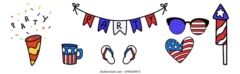 Independence day collection in doodle. 4th of July in sketch. American cartoon icons. Party flags in doodle. Vector illustration EPS 10