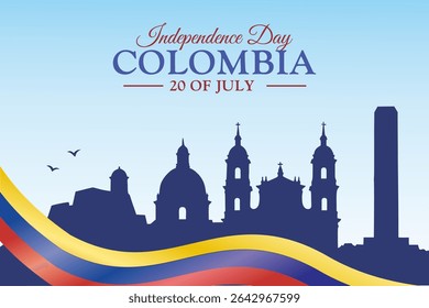 Dia da Independência Colômbia celebração com silhueta de edifícios famosos de Bogotá em fundo azul. Ideal para banners, cartões de felicitações, cartazes. Ilustração vetorial