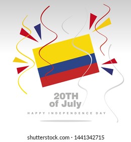 Independence Day Colombia flag with confetti 20th of July isolated on white background