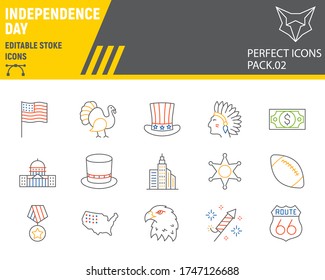 Independence day color line icon set, usa symbols collection, vector sketches, logo illustrations, america pride icons, holiday signs linear pictograms, editable stroke