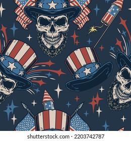 Independence Day colorful vintage seamless pattern US flags near skulls with beard Abraham Lincoln in hat and firecrackers vector illustration svg