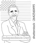 Independence Day Coloring Page with Barack Obama and US Flag, Black and white line art illustration for coloring featuring a smiling Barack Obama with arms crossed, the American flag with stars and