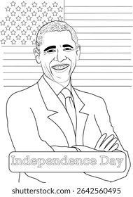 Independence Day Coloring Page with Barack Obama and US Flag, Black and white line art illustration for coloring featuring a smiling Barack Obama with arms crossed, the American flag with stars and
