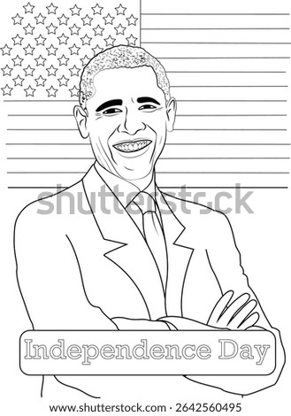 Independence Day Coloring Page with Barack Obama and US Flag, Black and white line art illustration for coloring featuring a smiling Barack Obama with arms crossed, the American flag with stars and